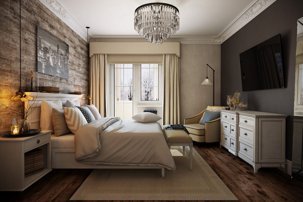Elegancka sypialnia z zasłonami; źródło: https://archello.com/